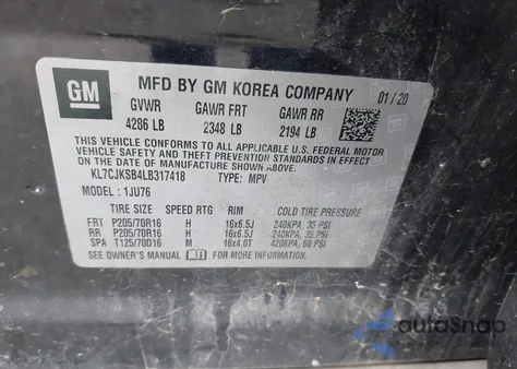 2020 Chevrolet Trax Fwd Ls z USA, uszkodzony, nr VIN KL7CJKSB4LB317418